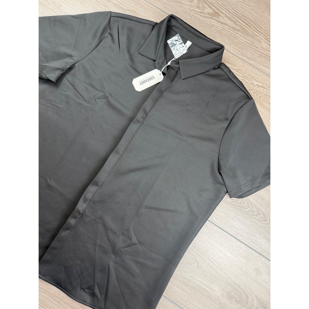 COOFANDY‎ Mens Button Down Shirt Short Sleeve Hidden Placket Black XL New